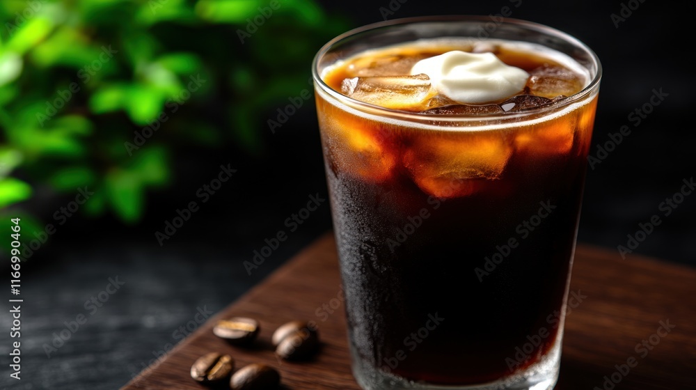 A glass of iced coffee topped with cream and coffee beans. A glass of iced coffee topped with cream and coffee beans.