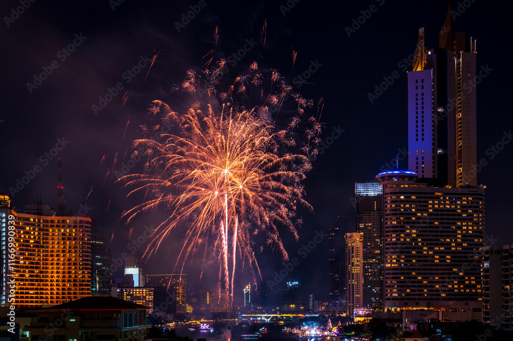 colourful firework display set for celebration happy new year and merry christmas and fireworks on black background