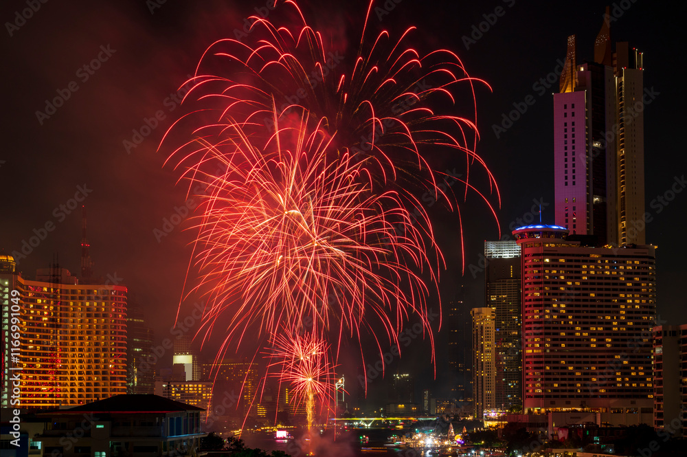 colourful firework display set for celebration happy new year and merry christmas and fireworks on black background
