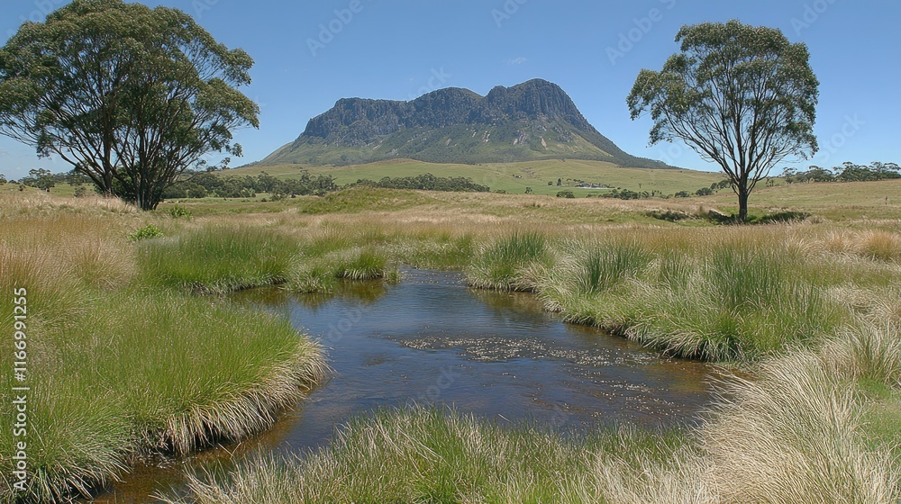 Mountain view with stream and trees in grassy field. Mountain view with stream and trees in grassy field.