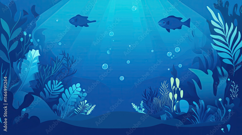 Fototapeta premium illustration of an underwater scene with fish, coral reefs, and plants in shades of blue, evoking the beauty found beneath sea level
