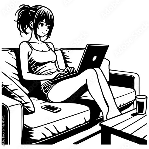 Woman Use Laptop at Home Illustration.