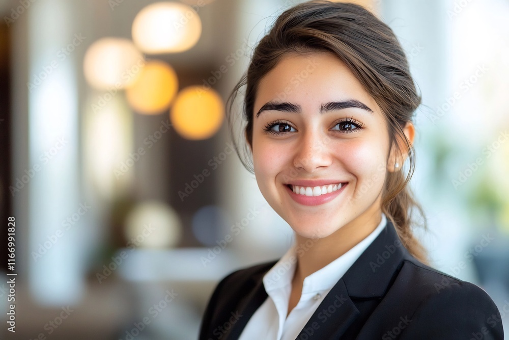 Confident Concierge Smiling at in Workspace with Soft Lighting Confident Concierge Smiling at in Workspace with Soft Lighting
