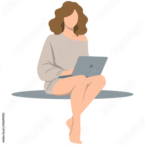 Woman Use Laptop at Home Illustration.