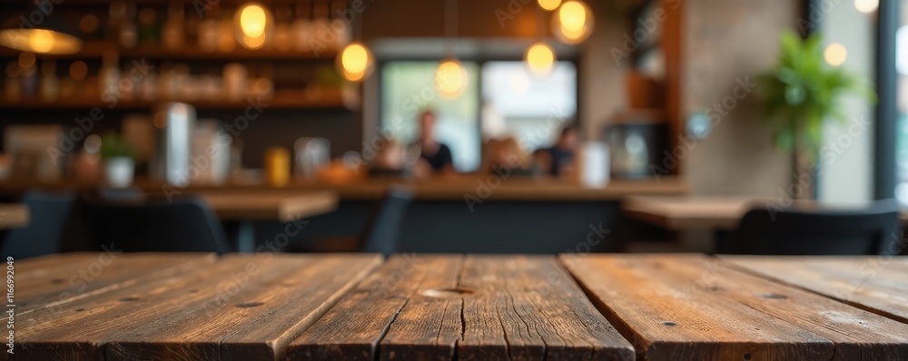 Rustic wooden table against blurred restaurant scene, template, view, illumination Rustic wooden table against blurred restaurant scene, template, view, illumination