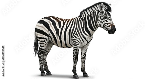 A single plains zebra stands against a white background photo