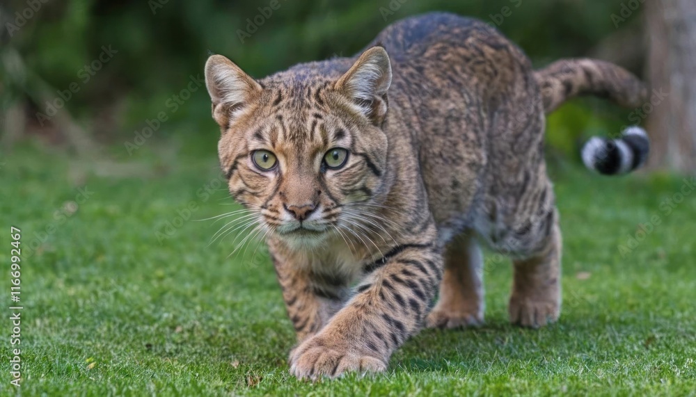 Obraz premium Majestic Savannah Cat Strolling on Lush Green Grass