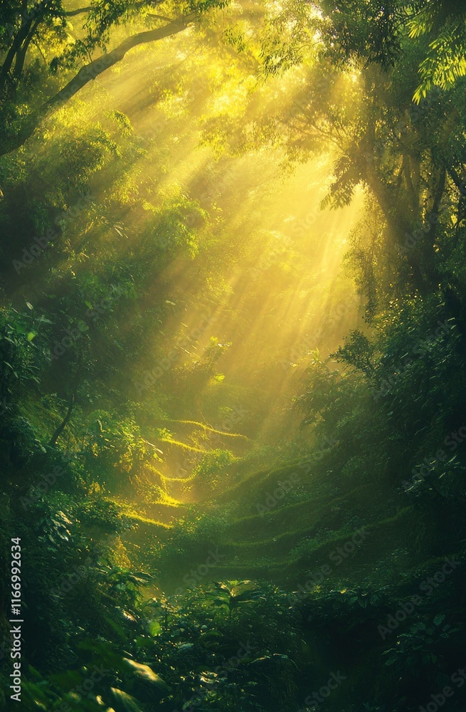 Obraz premium The terraced rice fields of Vietnam, surrounded by lush greenery and bathed in the soft glow of morning light. The golden hues of sunrise cast long shadows on the vibrant colors of the paddy fields
