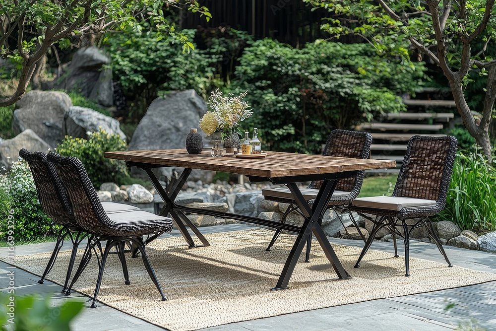 Outdoor dining table set with four chairs and a bench, oak wood top, rustic charm, black metal frames, dark brown wicker seats, light beige rug, rock garden decor. Outdoor dining table set with four chairs and a bench, oak wood top, rustic charm, black metal frames, dark brown wicker seats, light beige rug, rock garden decor.