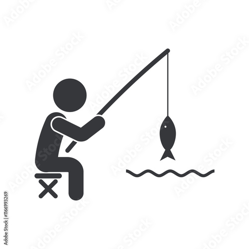Isolated pictogram glyph of a person fishing in water, holding a rod with a hook and fish caught on the line