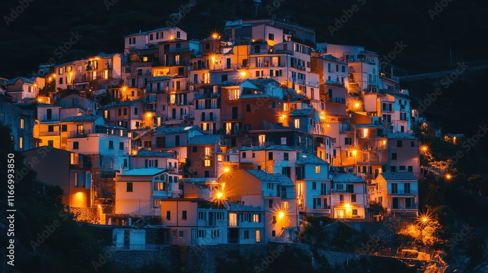 Obraz premium Group of houses that are lit up in the night