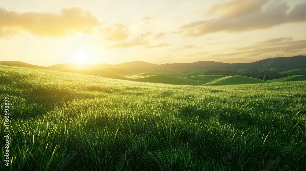 Obraz premium Vibrant green, grassy fields at sunrise, a colorful sky, the Tuscan landscape, hills in the background, photorealistic, natural lighting, high-resolution photography, sharp focus