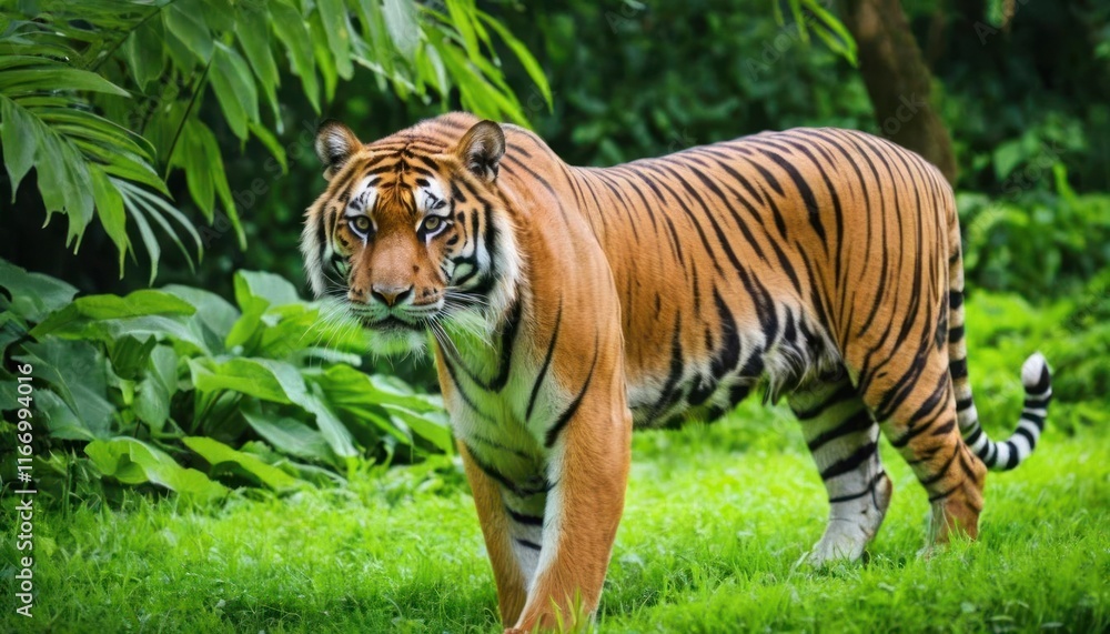 Majestic Tiger in Lush Green Jungle Habitat Majestic Tiger in Lush Green Jungle Habitat