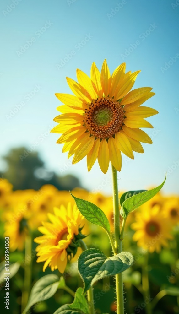 Vibrant yellow sunflower, sunny field, tall stalk, bloom, texture, petals Vibrant yellow sunflower, sunny field, tall stalk, bloom, texture, petals