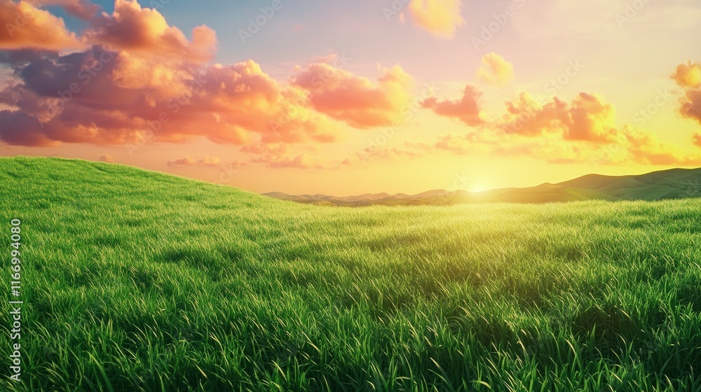 Fototapeta premium Vibrant green, grassy fields at sunrise, a colorful sky, the Tuscan landscape, hills in the background, photorealistic, natural lighting, high-resolution photography, sharp focus