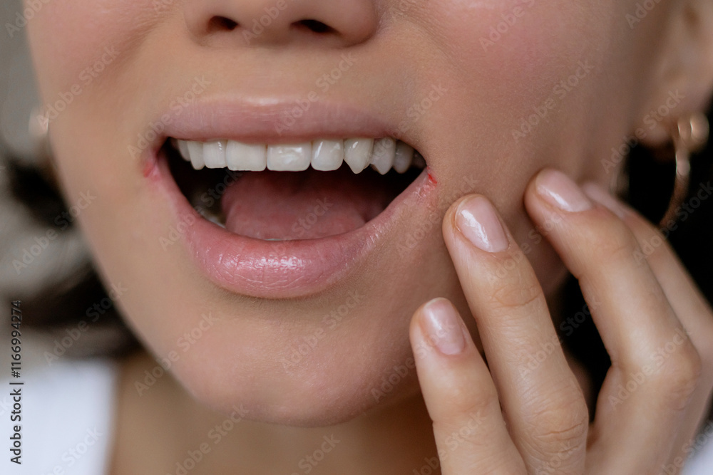 Close up of woman having problem with mouth disease, dry skin on corner of chapped lips with visible irritation or angular cheilitis, cracks, visible irritation in the corners of the mouth, redness Close up of woman having problem with mouth disease, dry skin on corner of chapped lips with visible irritation or angular cheilitis, cracks, visible irritation in the corners of the mouth, redness