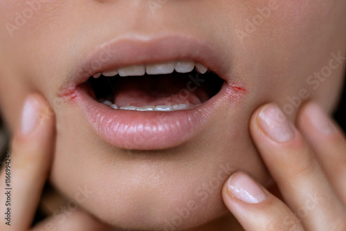 Принти на полотні Close up of woman having problem with mouth disease, dry skin on corner of chapp