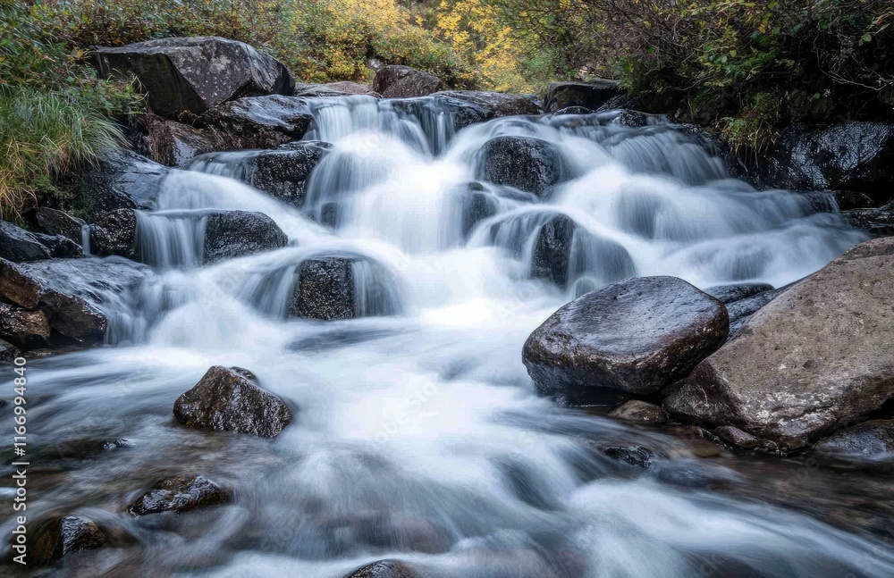 Fototapeta premium waterfalls and rocks in the background. The scene is set against mountains on the Isle of Skye in Scotland. The long exposure shot creates a softness to the flowing river and a misty atmosphere. --ar 