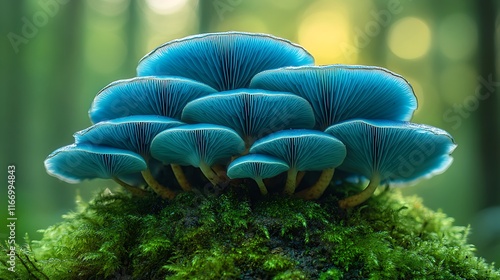 Glowing mushrooms displaying bright blue hues in a mystical forest images