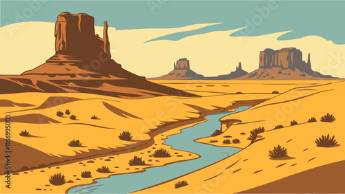  Desert Landscape  with River  Vector Illustration 