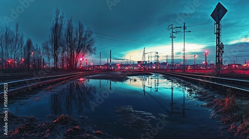 Railway Track Panorama at Twilight: High-Contrast Reflections and Infrastructure in Hagen, Germany