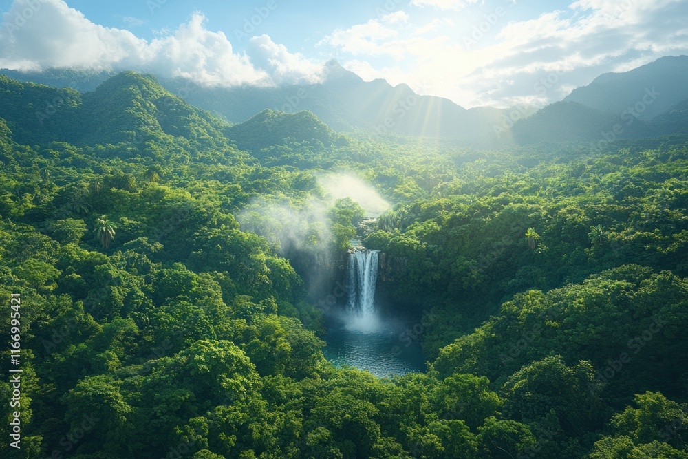 Fototapeta premium Majestic waterfall flows through lush green jungle under bright sunlight in a tranquil landscape