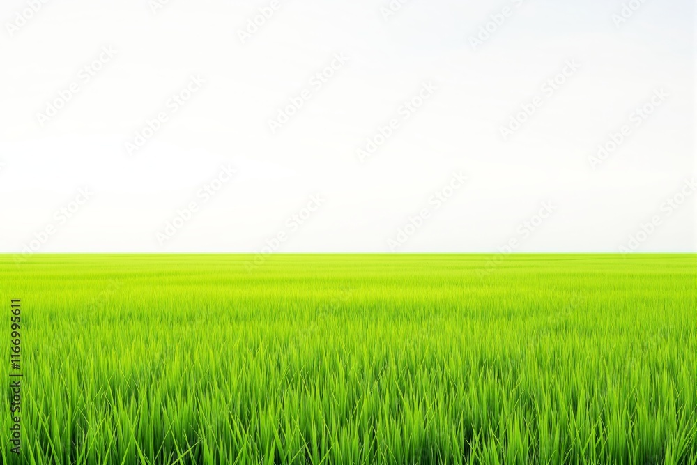 Vibrant green grass field stretches infinitely under a soft white sky, creating a serene and minimalistic natural landscape. Ai generative