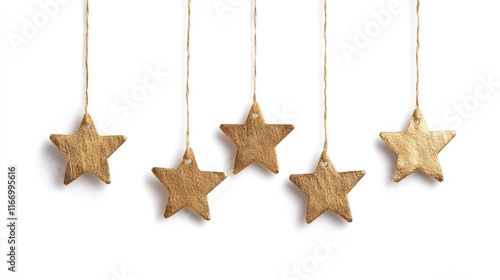 Hanging gold stars on string on white background.