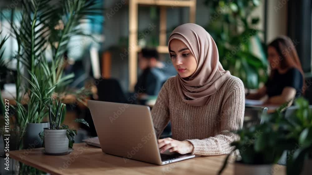 horizontal video of a girl in a hijab typing on a laptop. remote work in a cafe horizontal video of a girl in a hijab typing on a laptop. remote work in a cafe