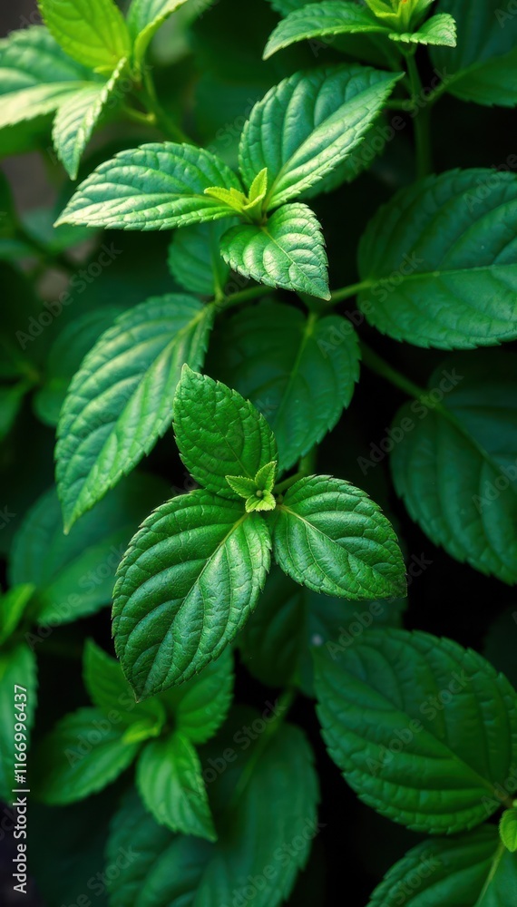 Deep emerald leaves, rough surface, sun dappled, botanical, image, organic