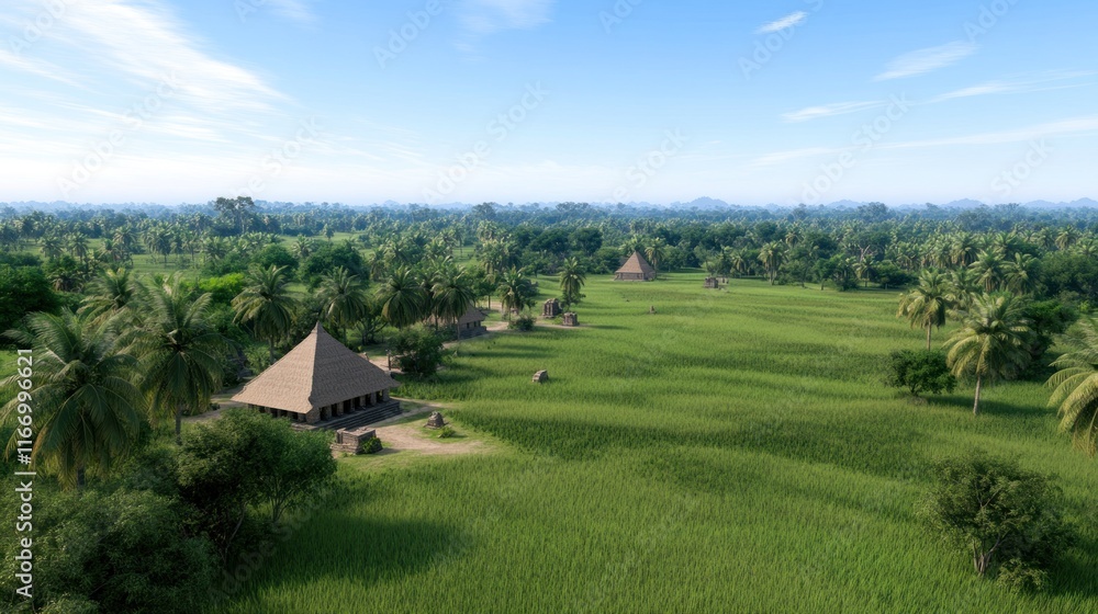 Lush landscape with traditional structures amidst greenery. Lush landscape with traditional structures amidst greenery.