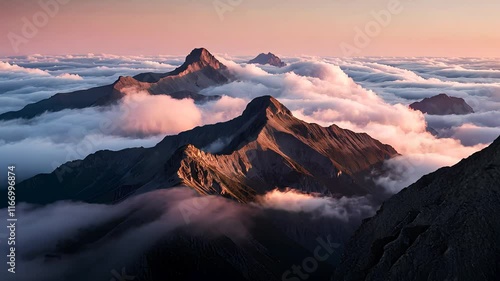 Majestic Mountain Peaks Above the Clouds During Sunrise with Soft Lighting and Mist

 photo