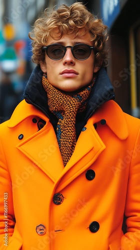Young Man Models Vibrant Orange Coat Stylishly