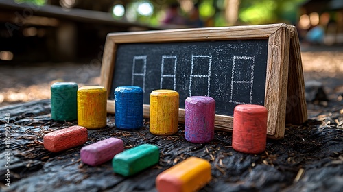 Colorful Blocks and Chalkboard Outdoor Learning Scene photo