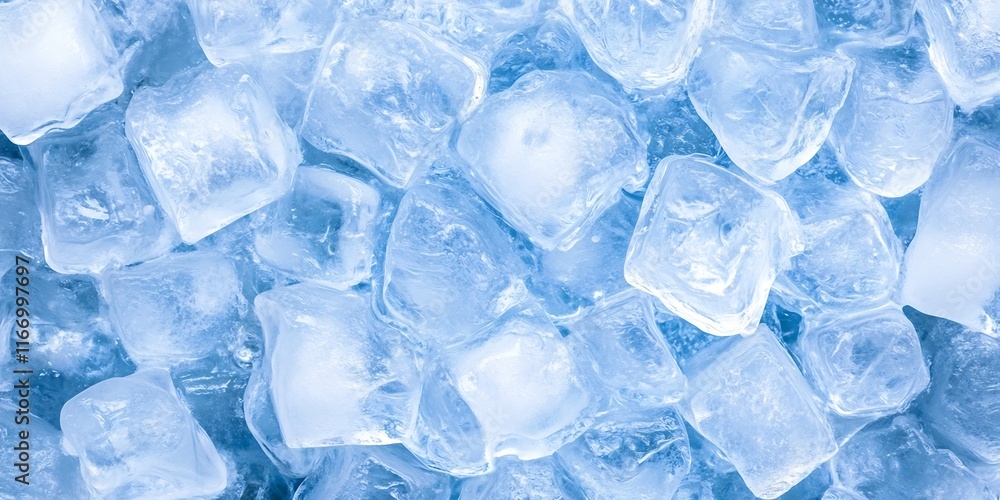 Close up view of transparent blue ice cubes with shiny frozen texture and geometric patterns Close up view of transparent blue ice cubes with shiny frozen texture and geometric patterns