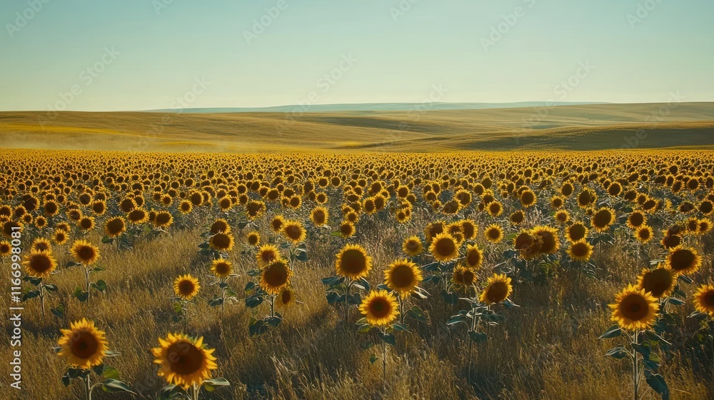 Fototapeta premium Vast sunflower field under a clear sky.