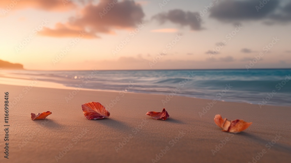 Tranquil sunrise beach scene with flower petals on sand. Tranquil sunrise beach scene with flower petals on sand.