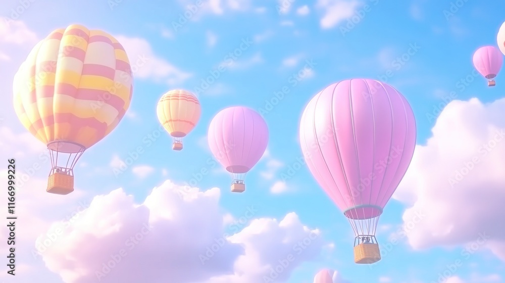 Obraz premium Colorful hot air balloons float in a pastel sky filled with fluffy clouds.