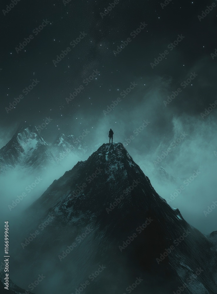Fototapeta premium A lone figure standing atop an alpine peak, gazing at the starry sky with a camera in hand. The scene is set against a backdrop of distant mountains and clouds under the Milky Way