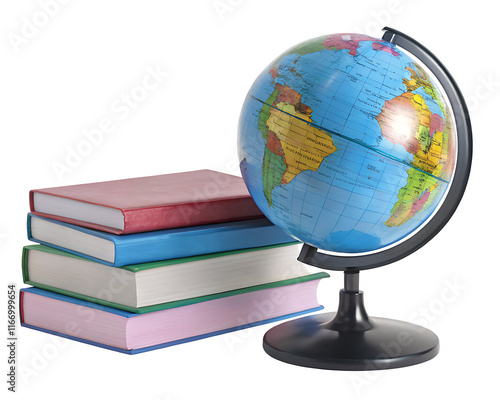 stack of books and a globe education isolated on white background PNG.AI GENERATED photo