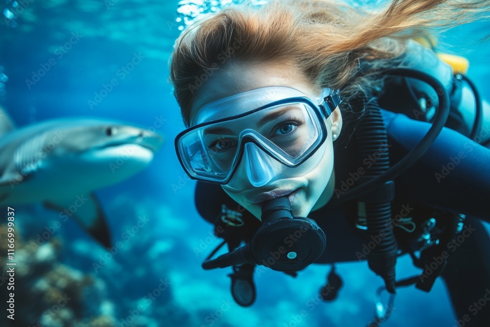 Young female scuba diver swimming with great white shark in vibrant underwater ocean scene Young female scuba diver swimming with great white shark in vibrant underwater ocean scene