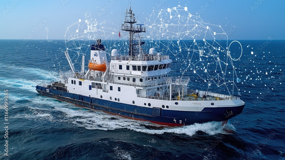 Fototapeta premium Research vessel navigating ocean, digital network overlay.