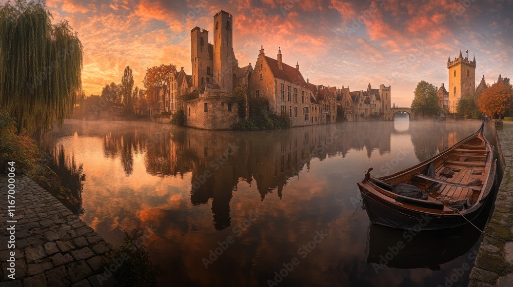 Obraz premium Sunrise over medieval town reflected in calm canal with a boat.