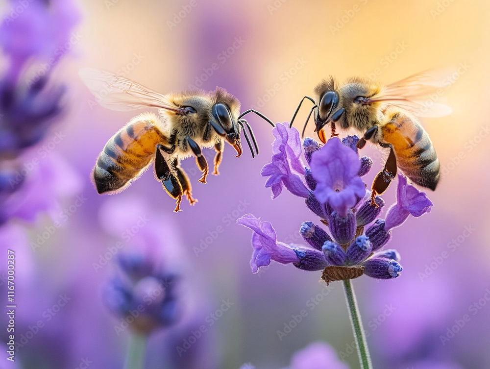 Bees pollinating lavender flowers in a sunny garden Bees pollinating lavender flowers in a sunny garden