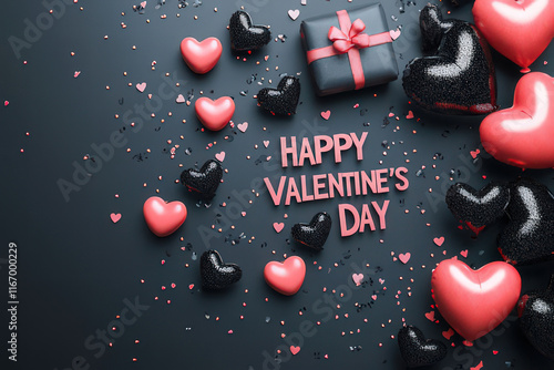 Black and pink hearts, balloons and gift boxes on bacl ground, Valentine's Day Card, Background