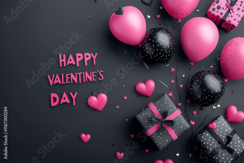 Black and pink hearts, balloons and gift boxes on bacl ground, Valentine's Day Card, Background