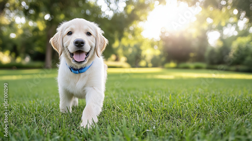 Fototapeta Naklejka Na Ścianę i Meble -  golden retriever puppy joyfully running in sunlit park