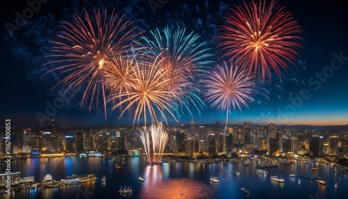 Vibrant Fireworks Display Over Cityscape Night Scene