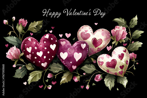 elegant Valentine's day design with hearts and flowers on black ground, valentine's day card, background