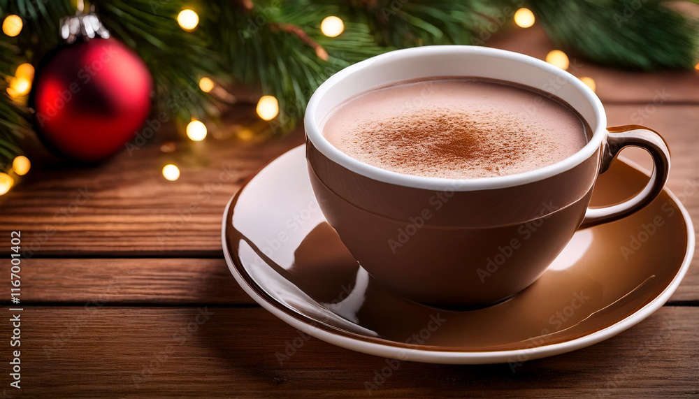 Cup of winter cocoa with whipped cream on wooden table with Christmas pine tree branch with garland Cup of winter cocoa with whipped cream on wooden table with Christmas pine tree branch with garland